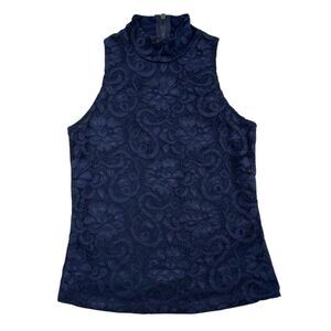Greyson Navy Blue Lace Sleeveless Mock Neck Top